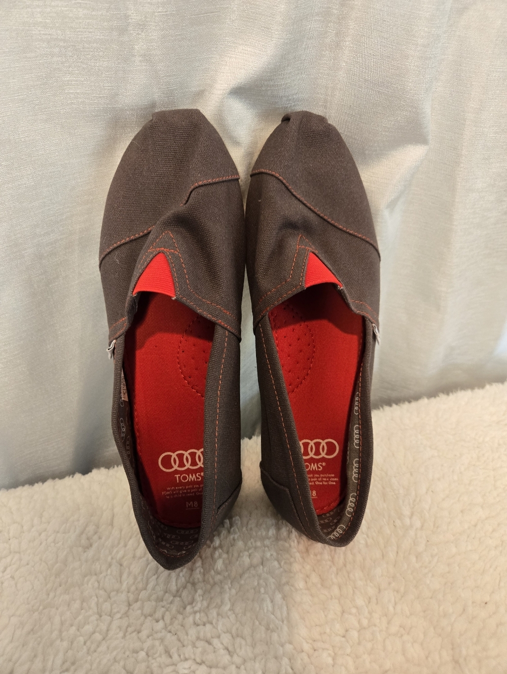 TOMS Gray Canvas Slip-On Moccasins with Red Insole